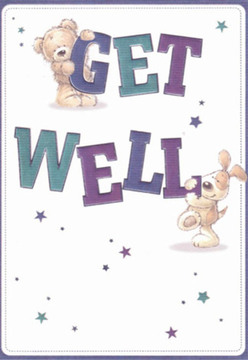 A sense of tranquil encouragement fills this enchanting get well card, set against a clean white canvas that evokes the serenity of Temple Gardens in early morning light. At its heart, a charming teddy bear clings affectionately to the top of the word 'GET,' while a playful puppy nestles at the base of a confidently painted 'WELL.' Their rounded forms and gently smiling faces offer an embrace of hope, their presence radiating a warmth as soothing as a hand-delivered bouquet from a trusted Temple florist. Deep purples and soft teals in the bold lettering create an eye-catching contrast, echoing the subtle hues seen in floral displays along the Strand. Scattered stars in varying shades of blue and lilac leap across the card, weaving a sense of possibility and magic-much like the anticipation of surprise flowers delivered to a recoverer's doorstep on a quiet Temple lane. Every brushstroke is intentional, conveying the same nurturing dedication found in a thoughtfully arranged basket meant to lighten someone's day. The design's clarity imbues the scene with hope, encouraging the recipient to find comfort and lightness as they heal, supported by the quiet strength of their Temple community.